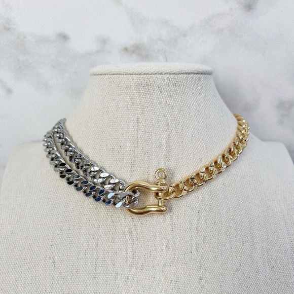 Mixed Metal Gold & Silver Cuban Link Chain Necklace Caribeaner Bit Closure NEW - Picture 3 of 10